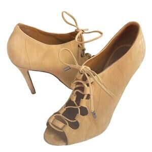 Schutz Women's Tan Nubuck Leather Lace Up Peep Toe Stiletto Bootie Shoes Size 7